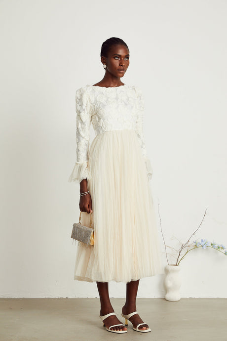Thibaulte pleated lacefloral midi dress
