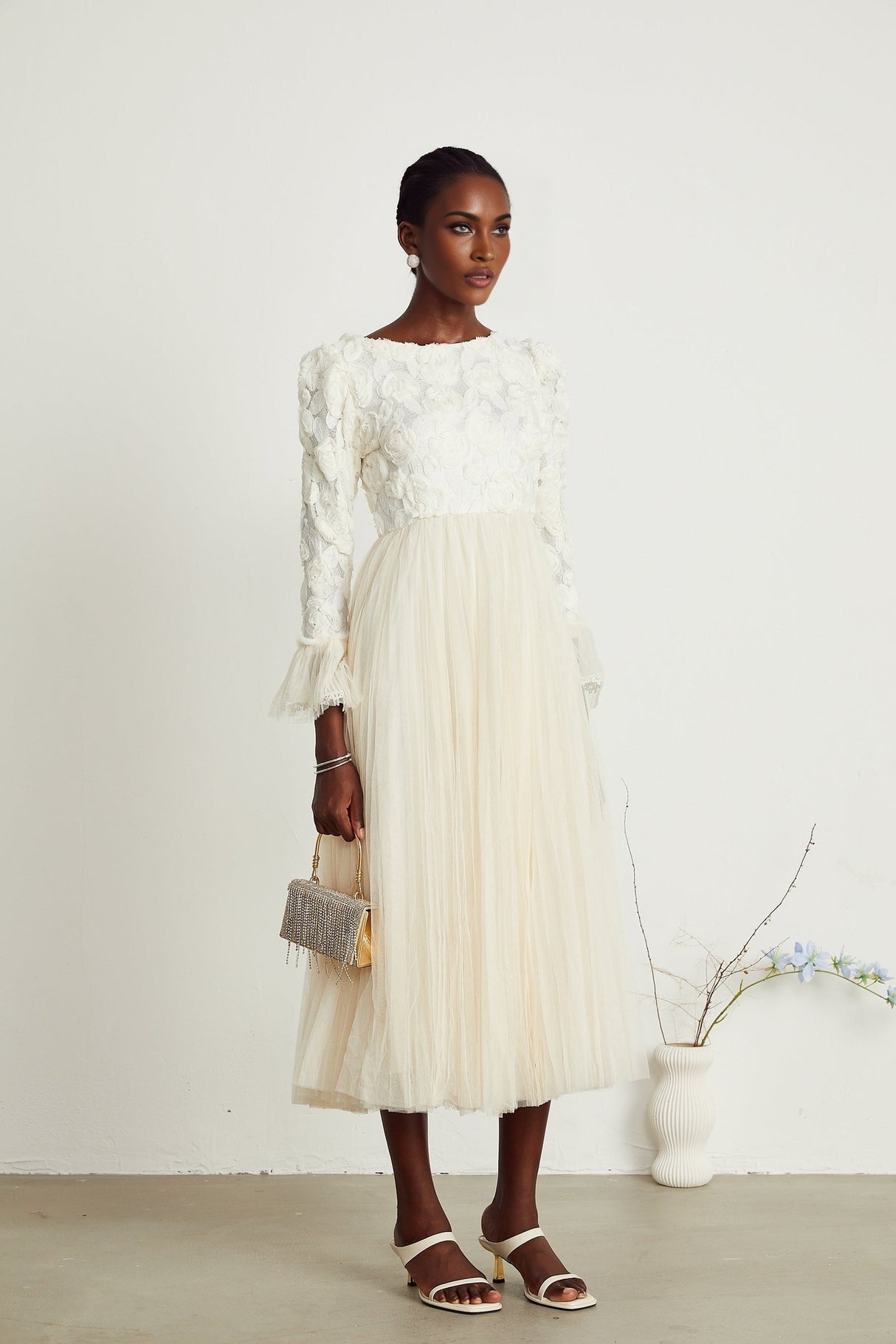 Thibaulte pleated lacefloral midi dress