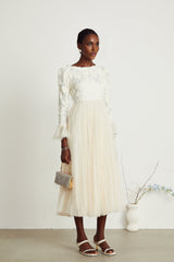 Thibaulte pleated lacefloral midi dress