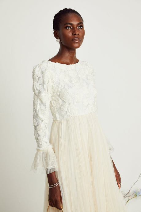 Thibaulte pleated lacefloral midi dress