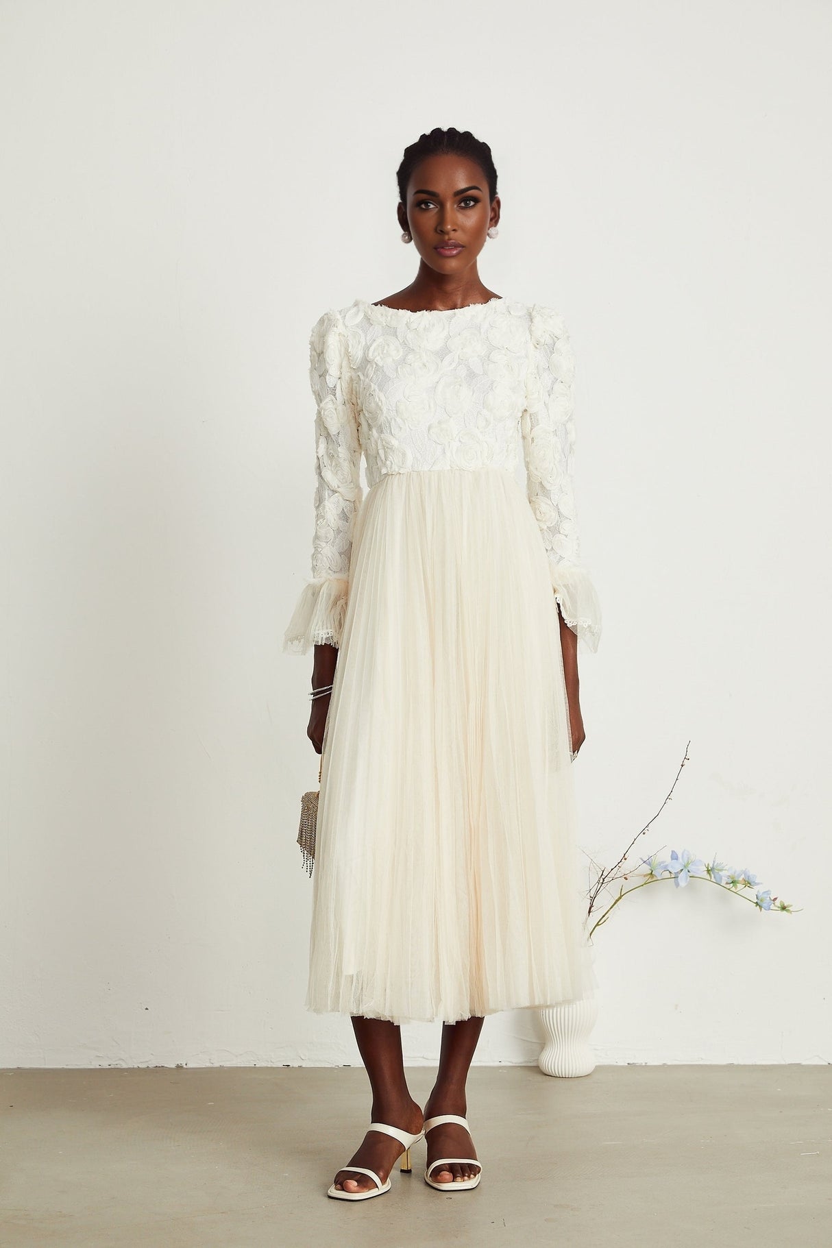 Thibaulte pleated lacefloral midi dress