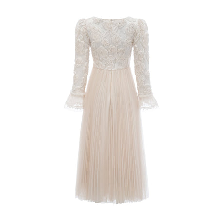 Thibaulte pleated lacefloral midi dress