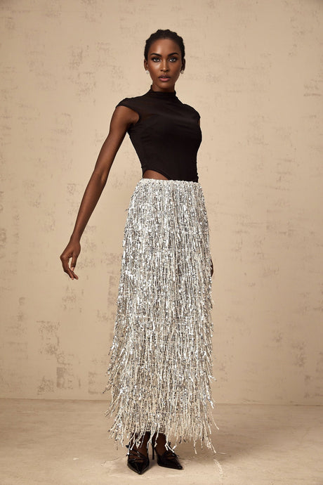 Two piece outfit featuring a corset style top and matching skirt in contrasting tones called Virginie