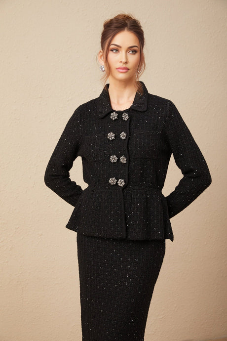 Two piece sequined waffle knit outfit with jacket and skirt in matching style named Amina