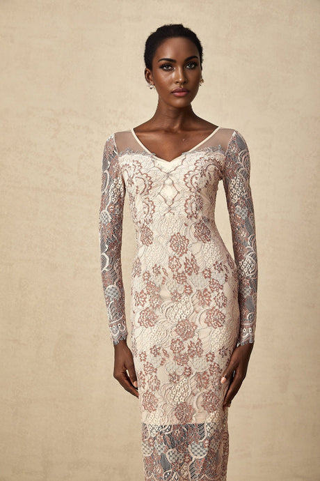 White fitted midi dress with intricate guipure lace pattern long sleeves high neckline and scalloped hem