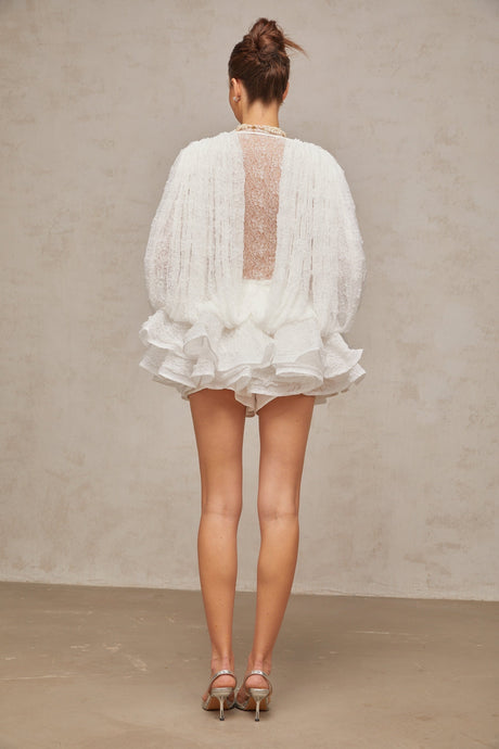 White lace matching set with semi sheer top shorts and dress
