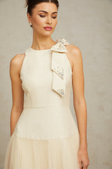 White midi dress with tulle panels and bow detail named Therese