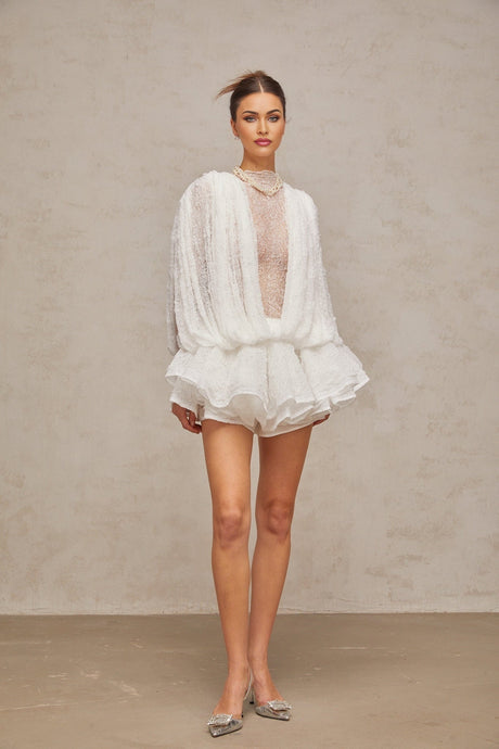 White semi sheer lace matching set including top shorts and dress