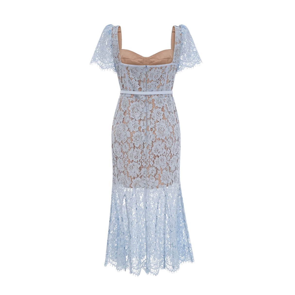 Woman wearing blue floral lace midi dress with boned bodice and fitted silhouette