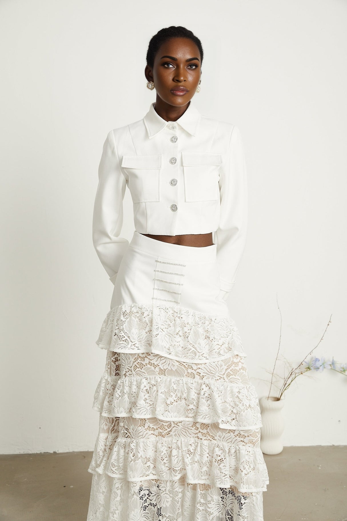 Zélie white lacepanel jacket  skirt matching set