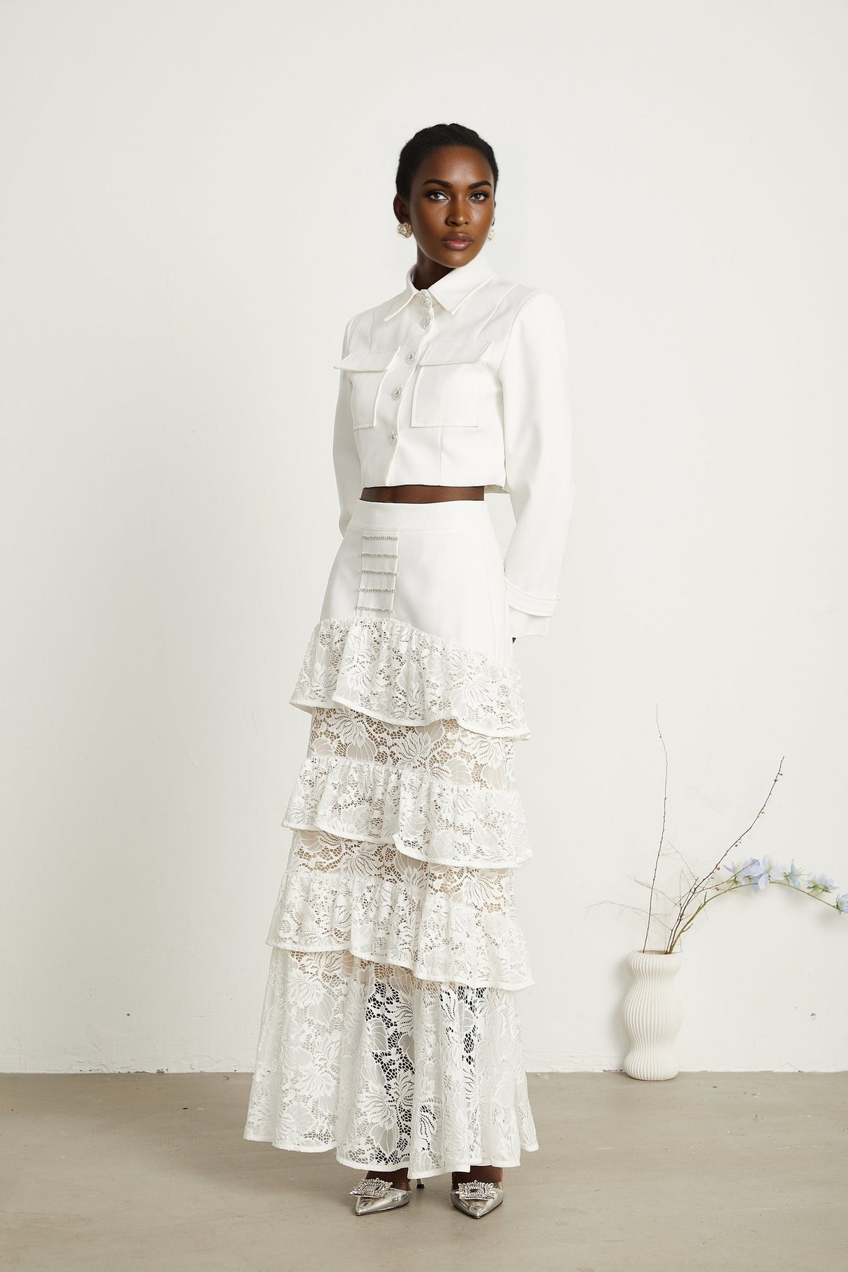 Zélie white lacepanel jacket  skirt matching set