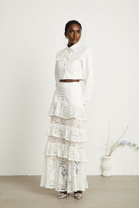 Zélie white lacepanel jacket  skirt matching set